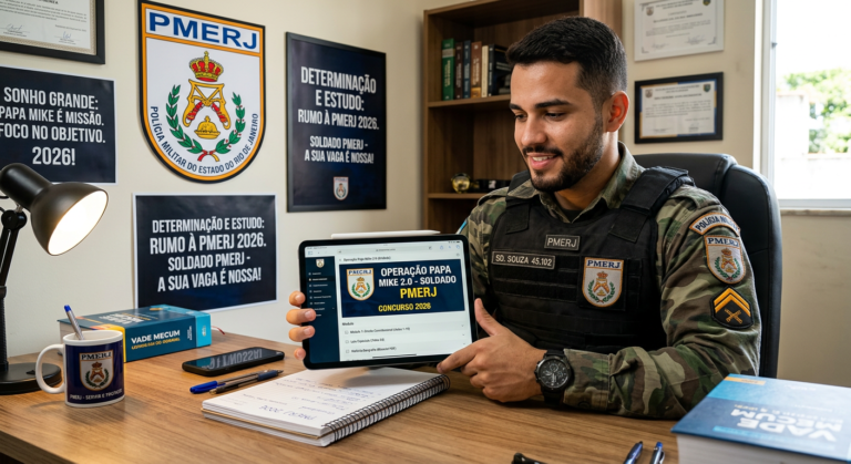Policial brasileiro em uniforme estudando o curso Operação Papa Mike 2.0 (Soldado) em um tablet com o logo da PMERJ ao fundo.