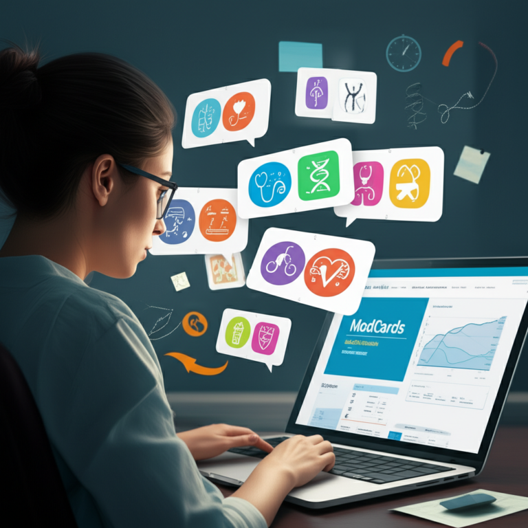 Estudante de medicina estudando com flashcards digitais da Medcards FULL em tablet e computador, cercado por ícones médicos.