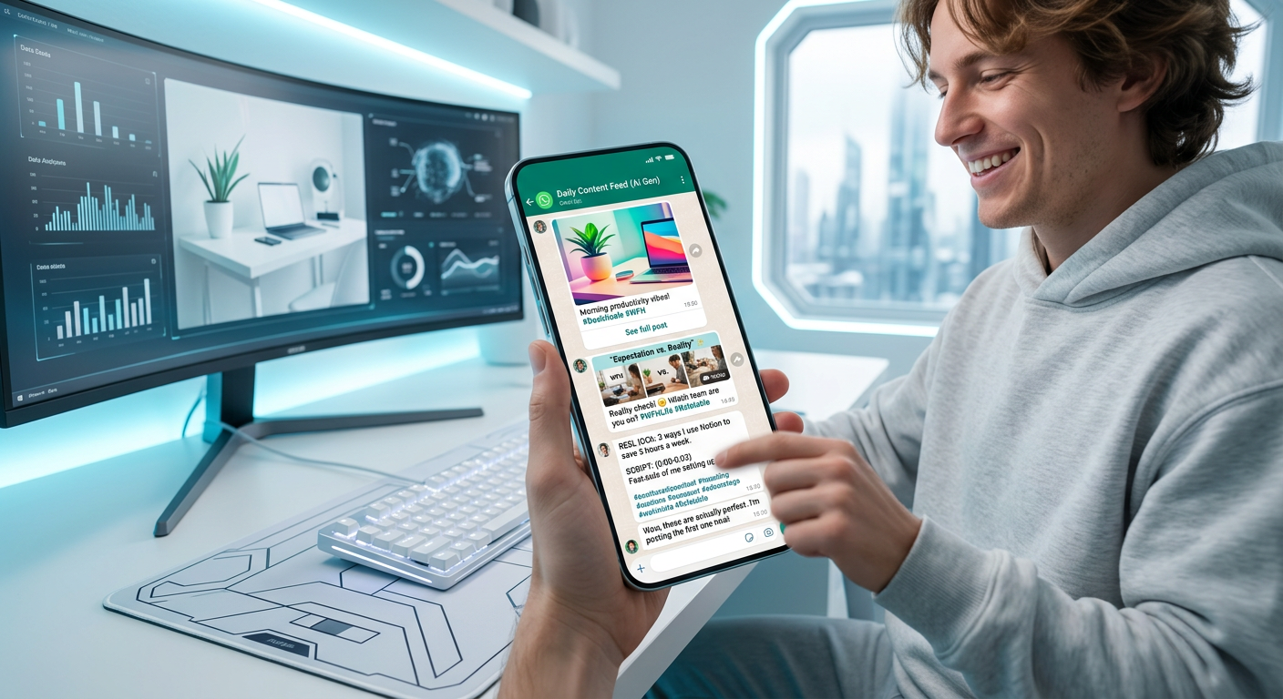 Smartphone screen displaying a WhatsApp chat where ZapPost delivers AI-generated daily Instagram posts, complete with images, captions, hashtags, and short video scripts.