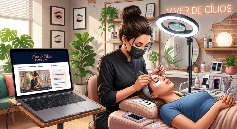 Beauty technician applying eyelash extensions while viewing Viver de Cílios Plano Start online course on laptop