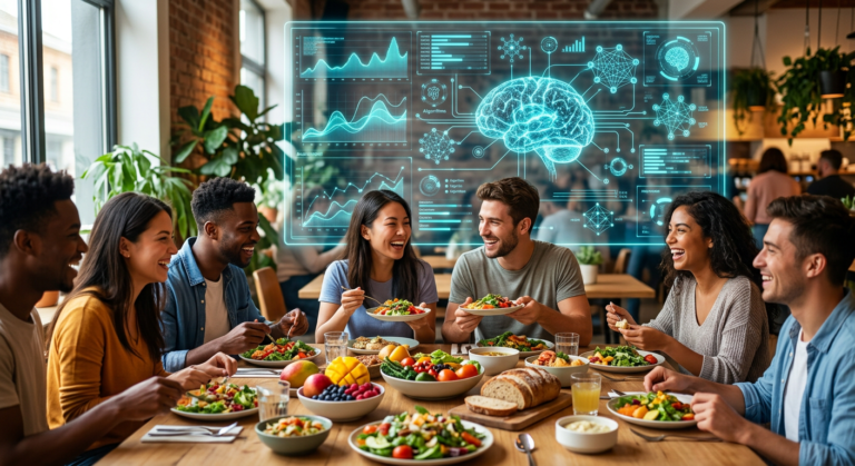 Grupo de jovens adultos com pele saudável em uma comunidade, interagindo com uma projeção holográfica futurista de inteligência artificial analisando dados de saúde.