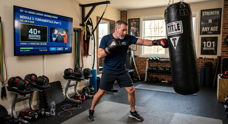 Homem de meia-idade praticando boxe em casa com luvas, saco de pancadas e tela exibindo o curso 101 Aulas de Boxe