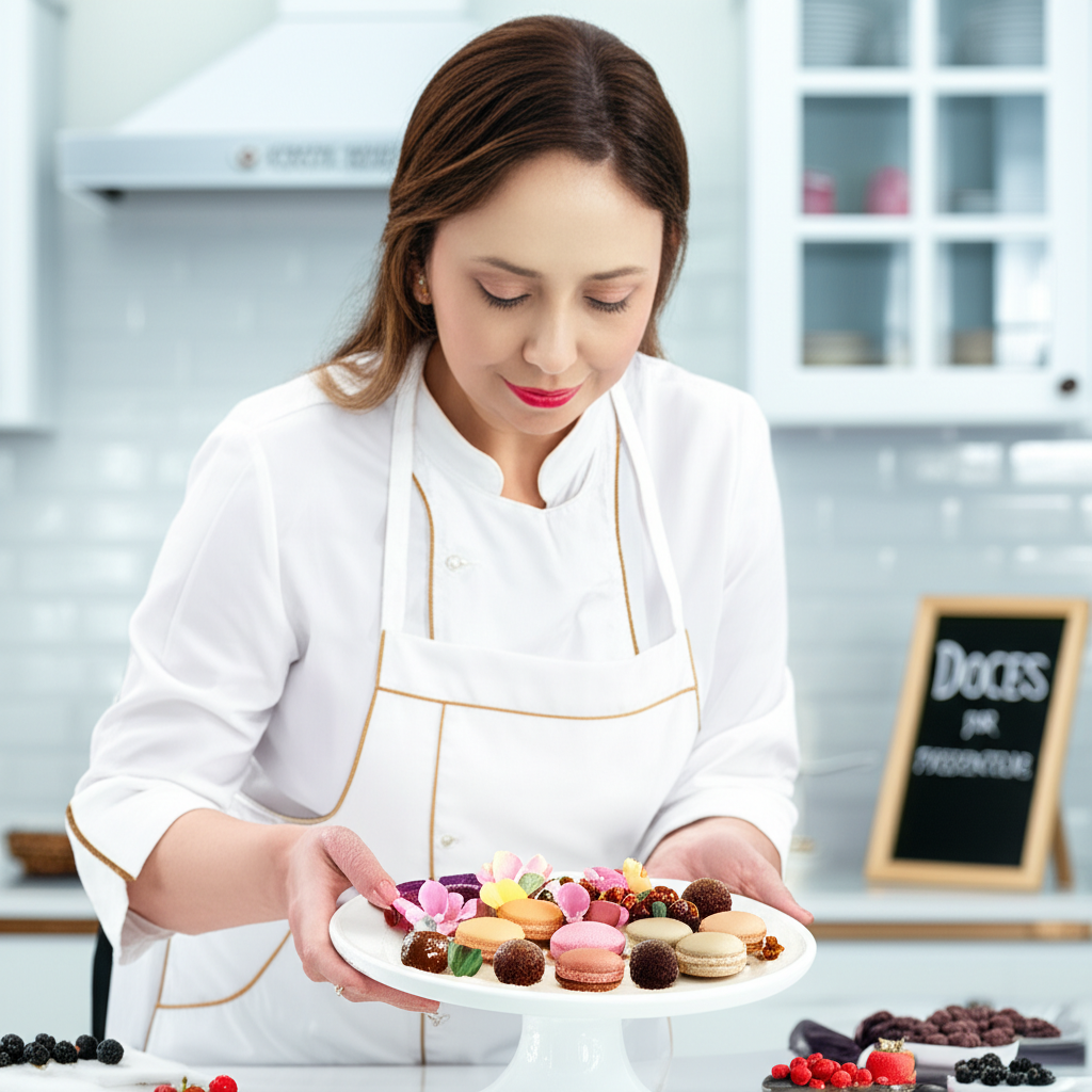 Chef Ísis Alvarez apresentando doces finos e sofisticados prontos para presentear.