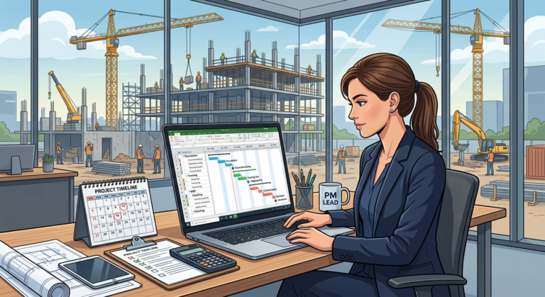 Project manager using MS Project to view a Gantt chart, with a construction site in the background.