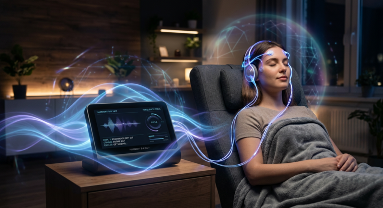 Futuristic biorresonance device emitting blue-violet waves to a relaxed user in a calm, dimly lit room, symbolizing continuous 24/7 quantum energy treatment.