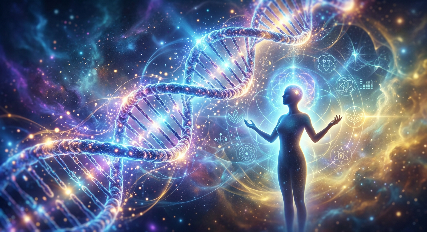 Imagem conceitual de uma espiral de DNA brilhante e símbolos de prosperidade emergindo de uma figura humana, representando a ativação do potencial humano para a abundância.