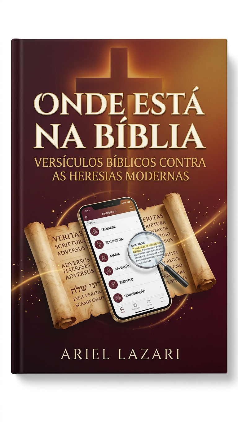 Cover of the eBook 'Onde está na Bíblia - Versículos bíblicos contra as heresias modernas', featuring a scroll, smartphone, cross, and author name