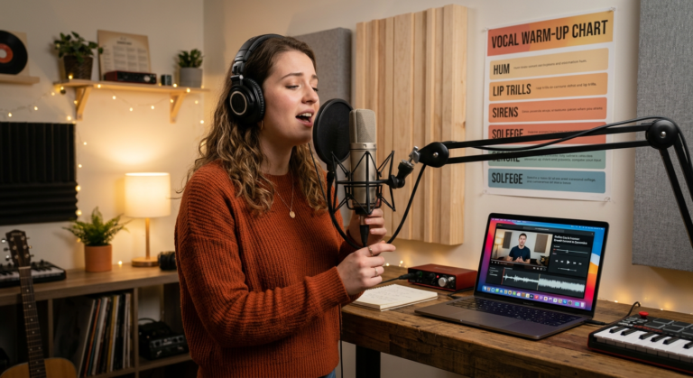Estudante de canto online praticando em home studio com microfone condensador