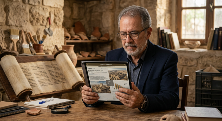 Professor Rodrigo Silva em tablet com Bíblia Comentada, fundo arqueológico e sutil ícone de carregamento lento, representando teste de estresse em conexões.