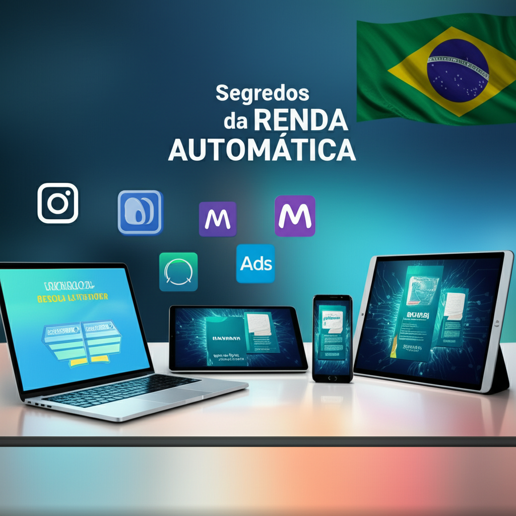 Imagem promocional do curso online Segredos da Renda Automática, mostrando laptop, tablet e smartphone exibindo produtos digitais criados com inteligência artificial e ícones de Instagram e Meta Ads.