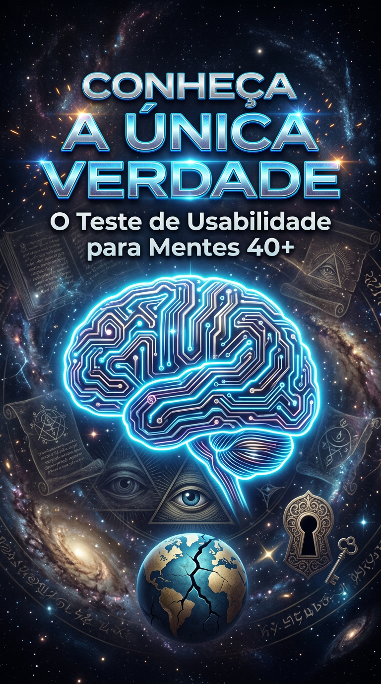Cover of the ebook 'Conheça a Única Verdade: O Teste de Usabilidade para Mentes 40+' featuring a glowing brain, conspiracy symbols, and futuristic typography