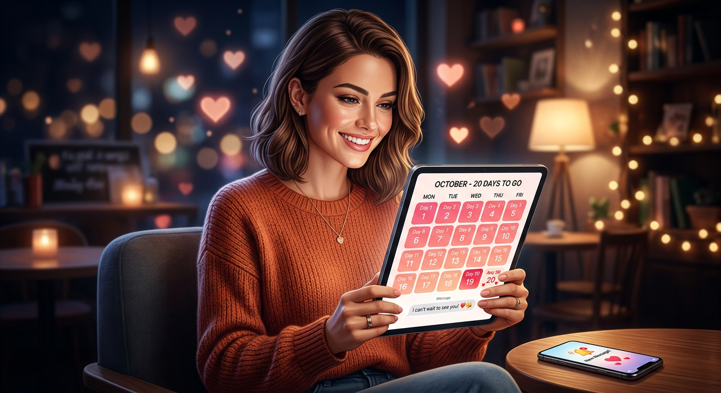Woman holding a tablet showing a 20‑day calendar and a romantic text message, surrounded by hearts and soft lighting.