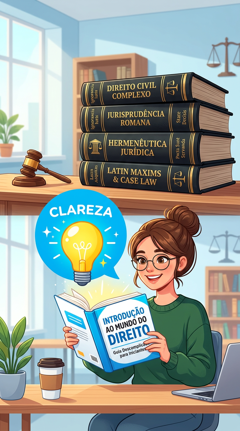 Ilustração de um estudante de direito segurando um guia simplificado intitulado "Introdução ao Mundo do Direito", contrastado com uma pilha de livros jurídicos densos, simbolizando a diferença entre linguagem jurídica complexa e uma abordagem acessível.