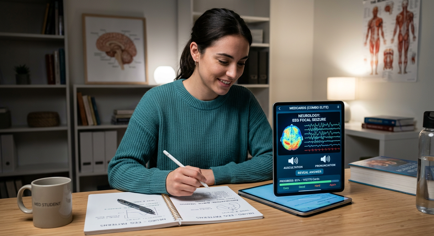 Student using Medcards (Combo Elite) on a tablet with flashcards, audio icons, and brainwave visualization in a modern study setting.