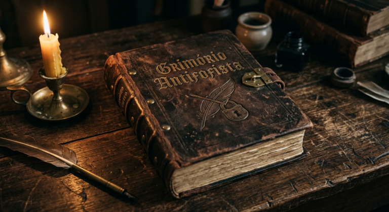 Leather‑bound grimoire titled 'Grimório Antifofista' illuminated by candlelight, symbolizing silence and anti‑gossip teachings