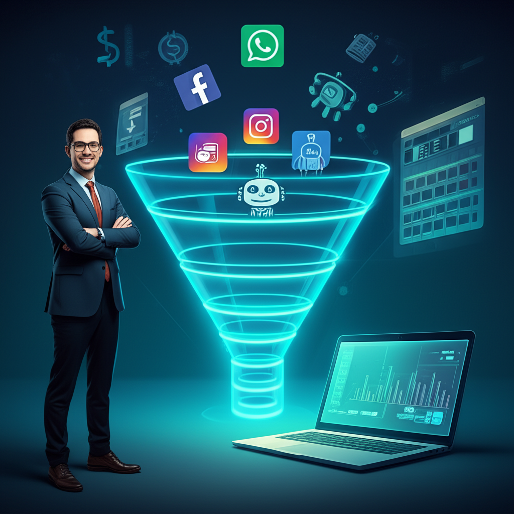 Ilustração de Mentor Borges apresentando a Máquina de Vendas com funil automático, ícones de WhatsApp, Meta Ads, IA e recuperação de boletos.