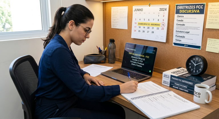Candidate studying for SEFAZ CE Discursiva exam with FCC materials