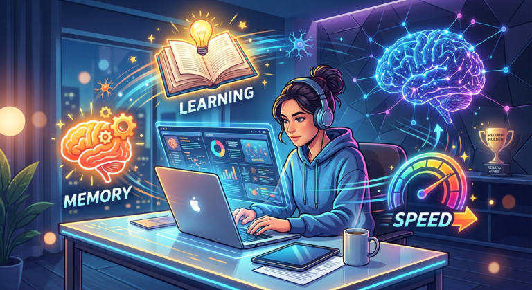 Ilustração de um estudante estudando em um laptop, rodeado por ícones de memória, velocidade e aprendizado, com um troféu e uma rede cerebral digital, simbolizando o treinamento Memória 360 de Renato Alves.