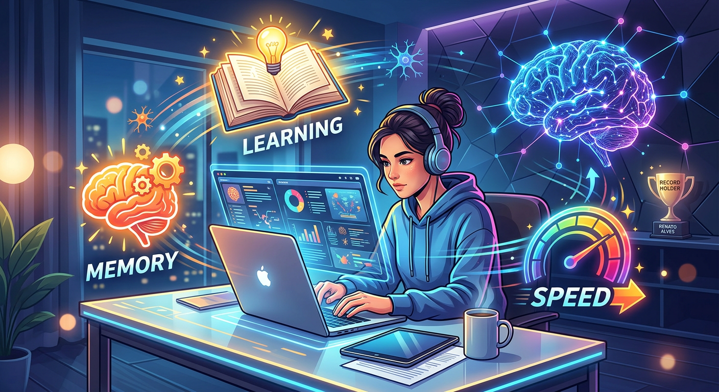 Ilustração de um estudante estudando em um laptop, rodeado por ícones de memória, velocidade e aprendizado, com um troféu e uma rede cerebral digital, simbolizando o treinamento Memória 360 de Renato Alves.