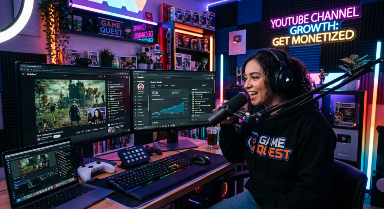 Gameroom studio setup with dual monitors showing a live YouTube stream, microphone, gaming gear, and LED lights