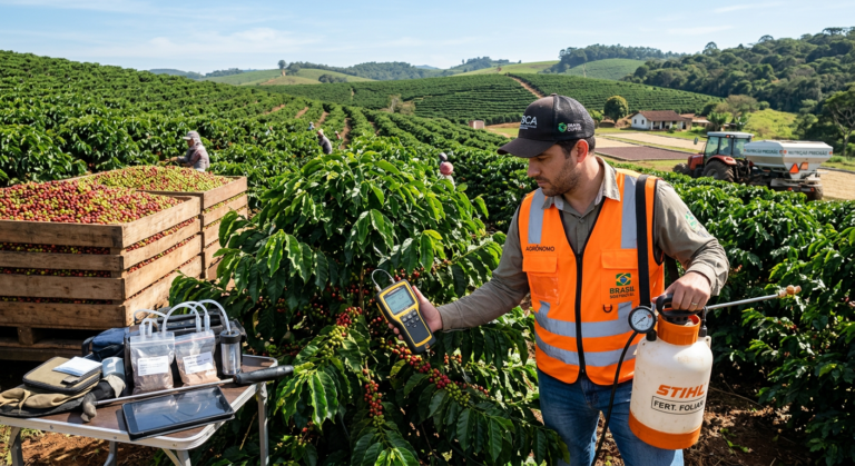 Technician applying precision foliar fertilizer in a coffee plantation