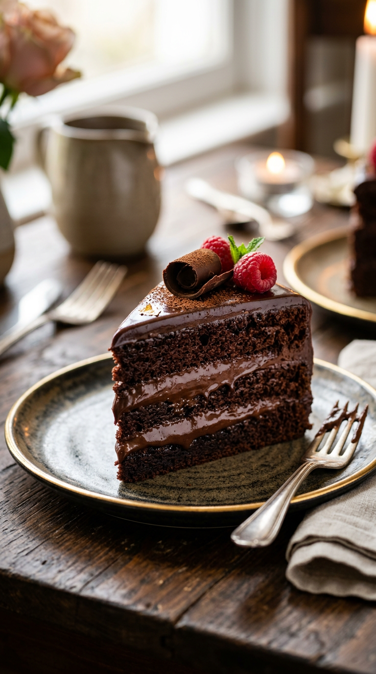 Chocolate ganache filling inside a decorative cake, glossy and rich, close‑up view