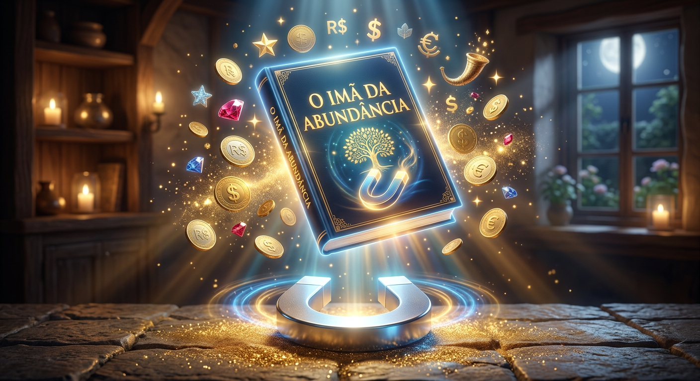 Imagem de um e-book luminoso intitulado 'O Imã da Abundância' flutuando sobre um ímã prateado, rodeado por moedas douradas e símbolos de prosperidade, com raios de luz e atmosfera calma e inspiradora