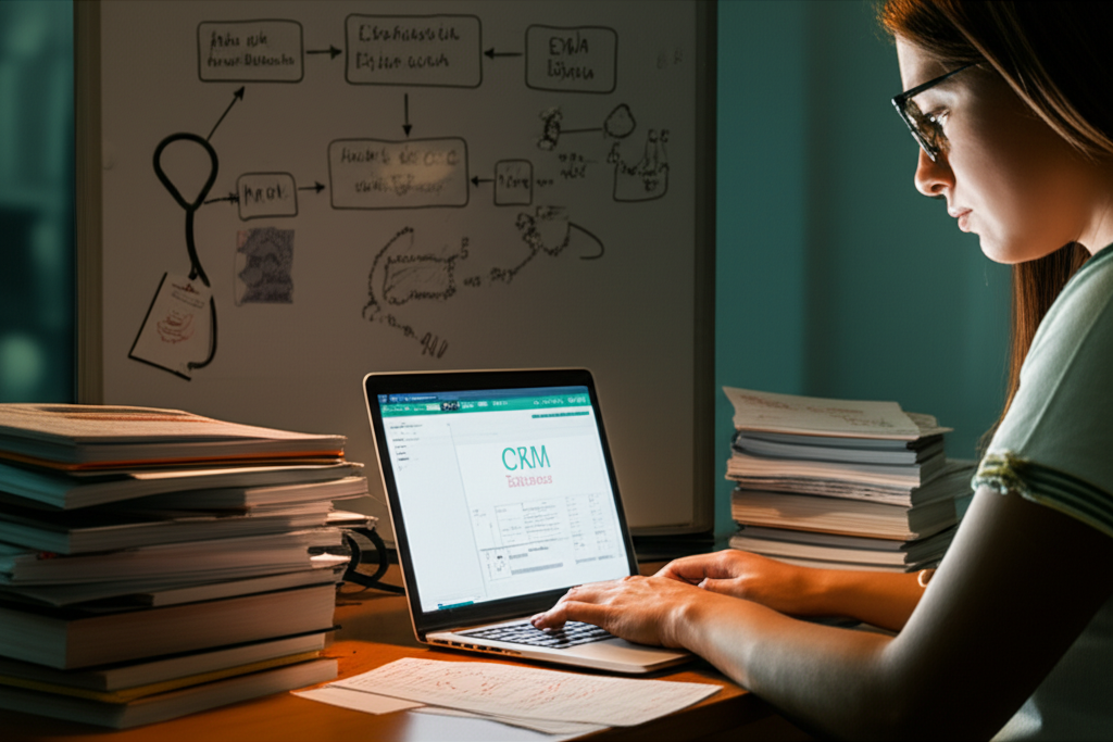 Estudante de medicina sobrecarregado trabalhando na plataforma CRM Redação Medicina, rodeado por livros, anotações e um fluxo de trabalho de redação.