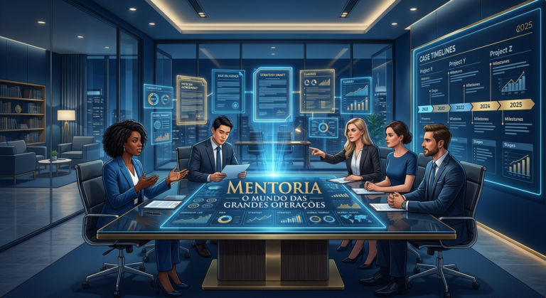 Grupo de advogados em reunião de mentoria sobre grandes operações jurídicas