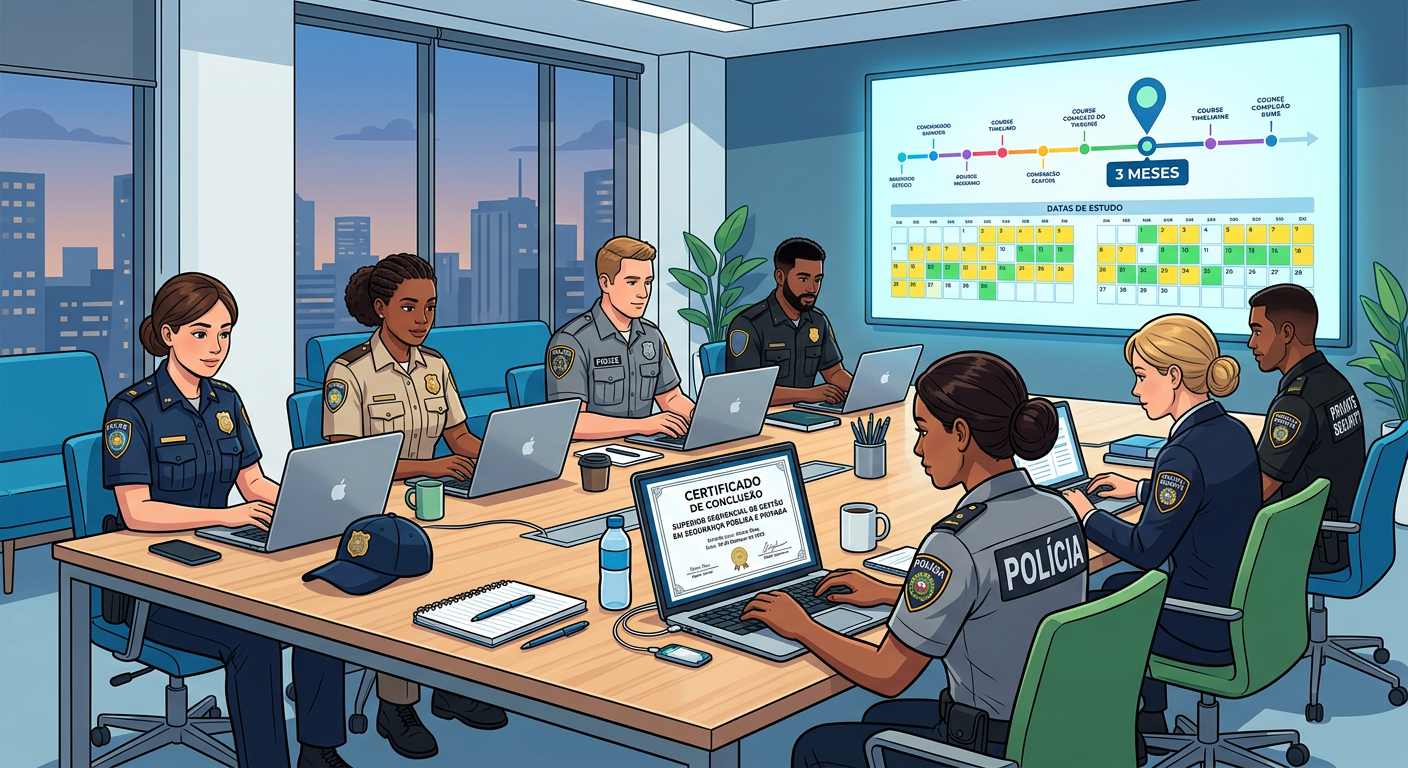 Police officers and private security professionals learning online with a digital certificate displayed on a laptop screen, symbolizing accelerated higher education in public and private security management.