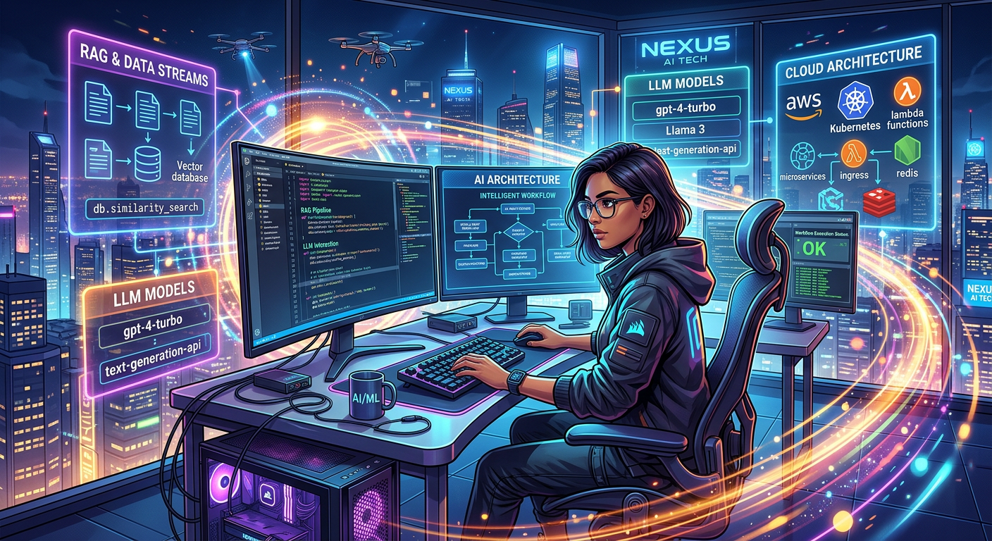 Desenvolvedor construindo um sistema de IA com RAG, LLMs e workflows inteligentes