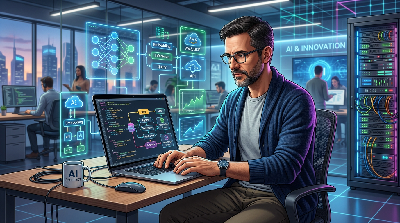 Alberto Luiz Oliveira Tavares de Souza, especialista em Engenharia de IA, apresentando conceitos de RAG, LLMs e workflows inteligentes em um cenário de desenvolvimento de software