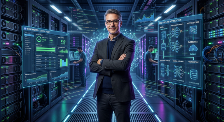 Portrait of Alberto Luiz, senior AI engineer, standing in a futuristic data center surrounded by holographic code and GPU clusters, exuding expertise in AI engineering.