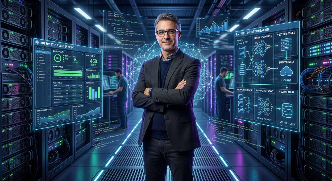 Portrait of Alberto Luiz, senior AI engineer, standing in a futuristic data center surrounded by holographic code and GPU clusters, exuding expertise in AI engineering.