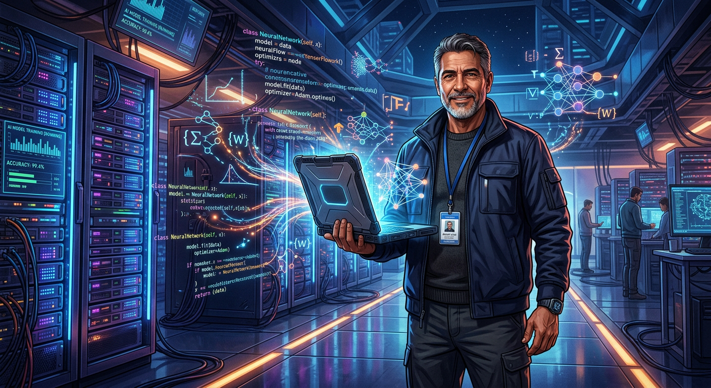 Alberto Luiz, AI Engineer, standing in front of a futuristic data center with a glowing laptop