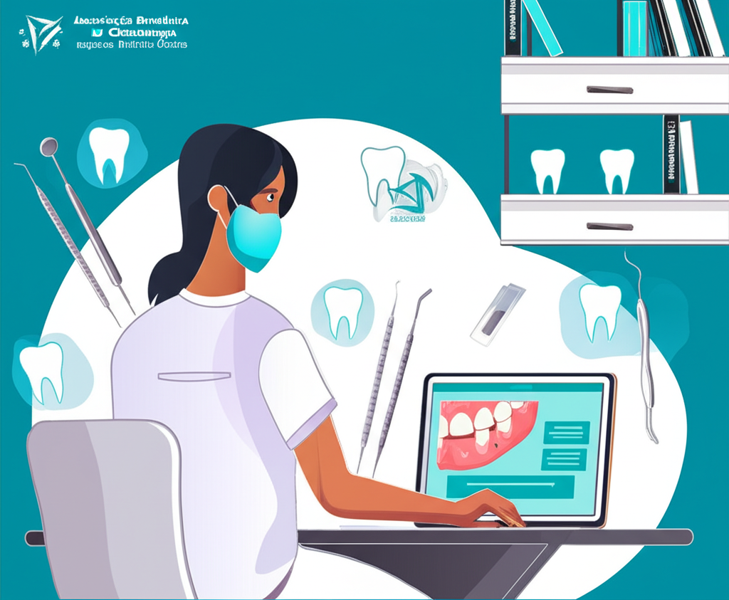 Ilustração de uma auxiliar de saúde bucal estudando o curso online ASB em um laptop, cercada por instrumentos odontológicos e diagramas da boca.
