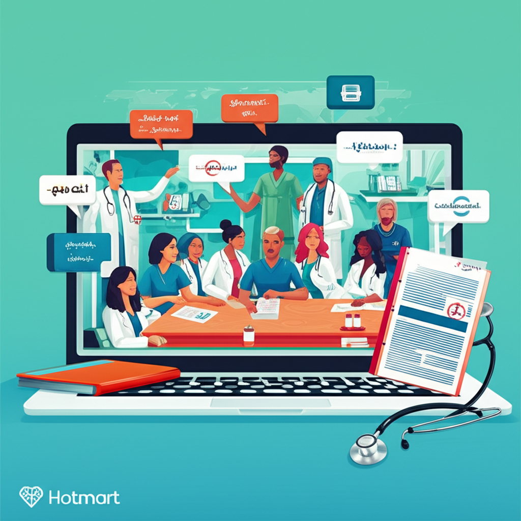 Medical professionals studying English medical literature and discussing clinical cases in a virtual community.