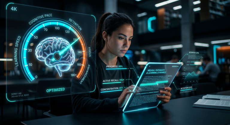 Imagem ilustrativa do Curso de Leitura Dinâmica - Metaleitura (LDE) mostrando um gráfico de velocidade de leitura e um cérebro em destaque