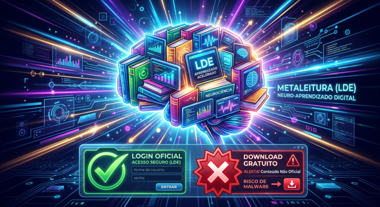 Ilustração digital de cérebro com livros e linhas de velocidade representando Metaleitura, interface de login seguro e alerta de download gratuito
