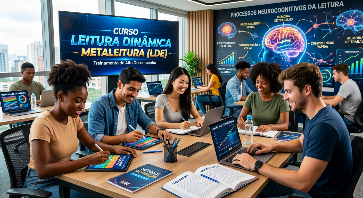 Students practicing speed reading and memory techniques in a digital classroom for the Curso Leitura Dinâmica - Metaleitura (LDE) course.