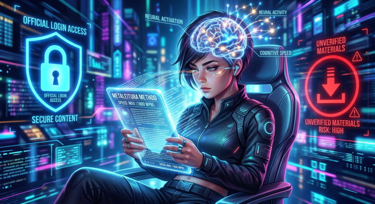 Illustration of a person reading a digital book at high speed with glowing neural connections, a secure lock icon for official login, and a warning free download symbol.
