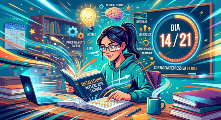 Student reading a book rapidly with speed lines and brain activity icons, representing the Metaleitura dynamic reading course