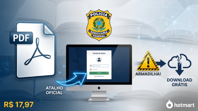 Thumbnail for Apostila PRF Atualizada article showing a PDF icon, PRF badge, login screen, warning sign, price and Hotmart logo.
