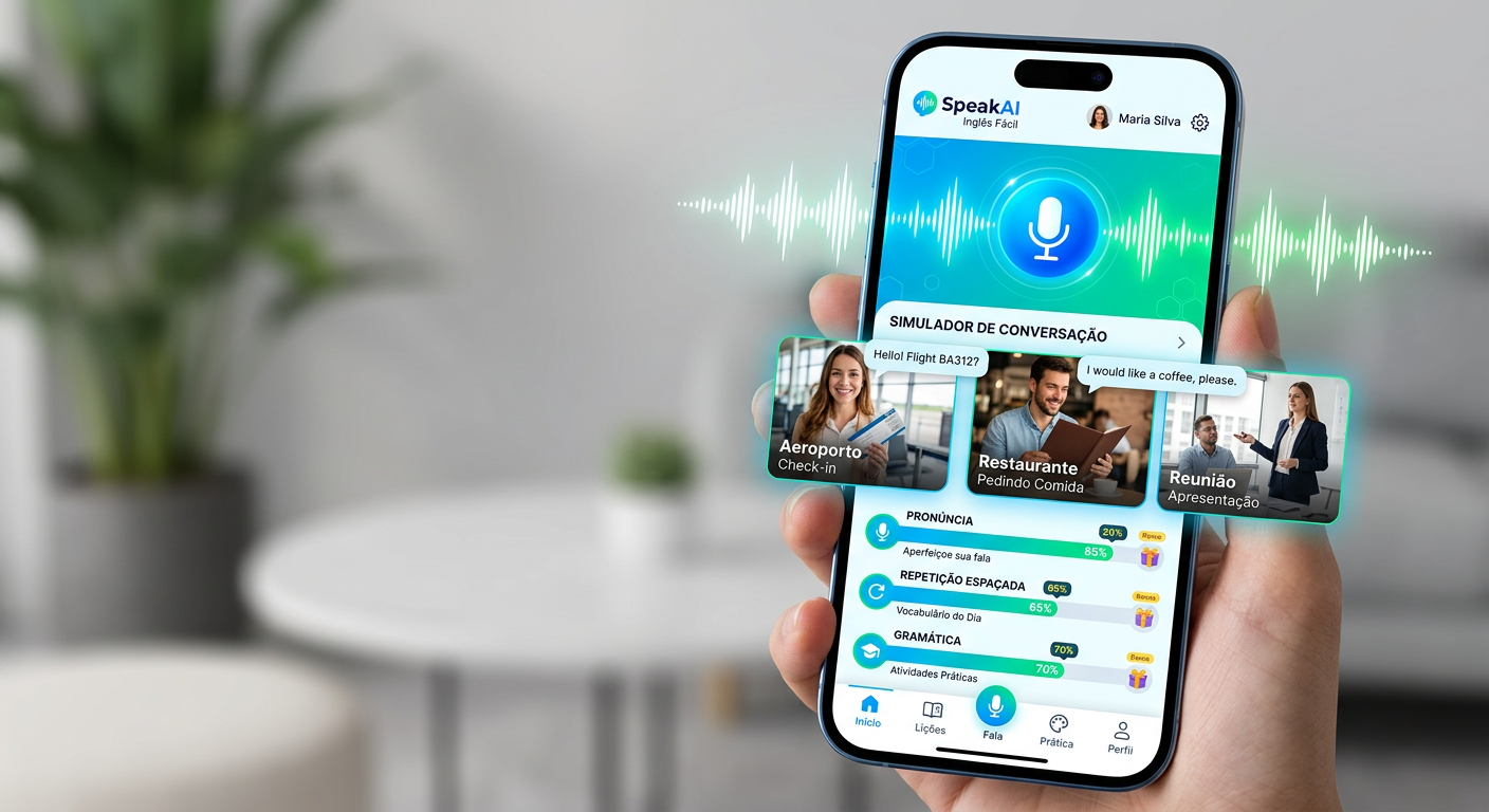 Imagem ilustrativa do SpeakAI Inglês Fácil mostrando a interface de reconhecimento de voz, espectrograma e simulador de conversação