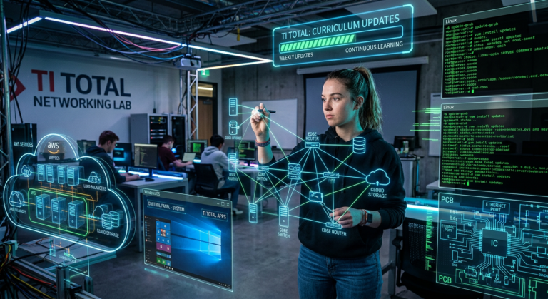 Estudante interagindo com interface holográfica em ambiente de aprendizado de TI