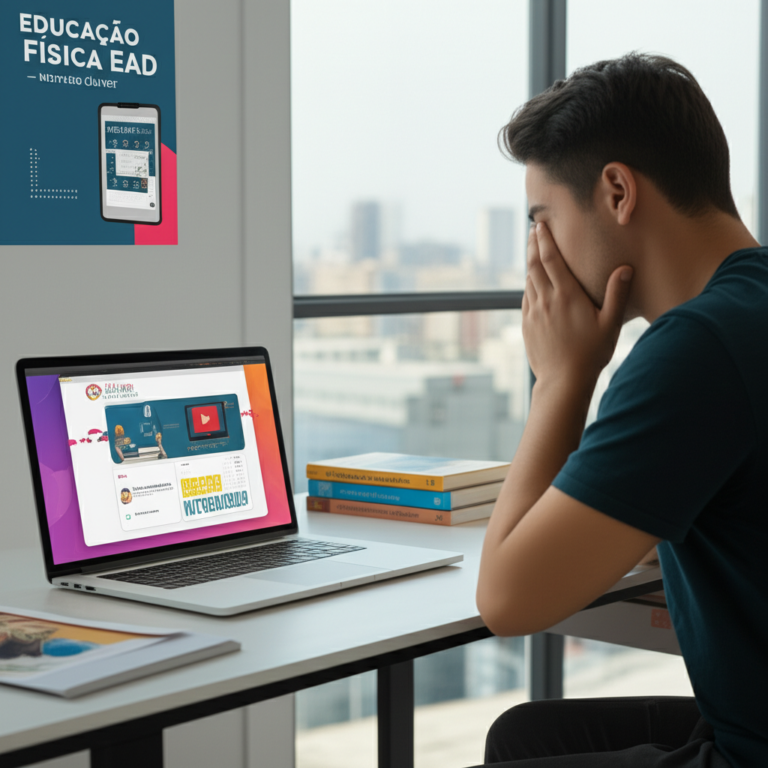 UX designer reviewing the Óliver Educação Física EAD platform on a laptop, surrounded by study materials and a home office setting.