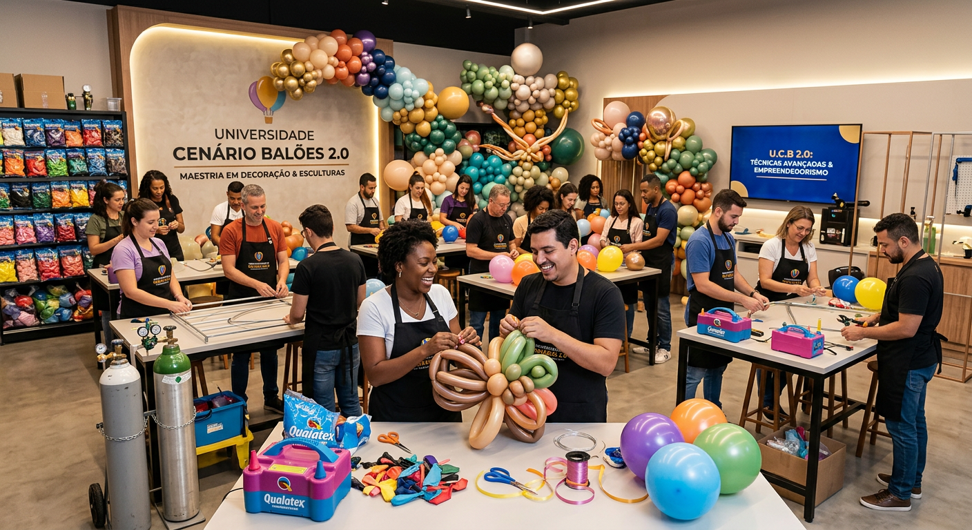 Students learning advanced balloon sculpture techniques in a modern workshop for Universidade Cenário Balões 2.0