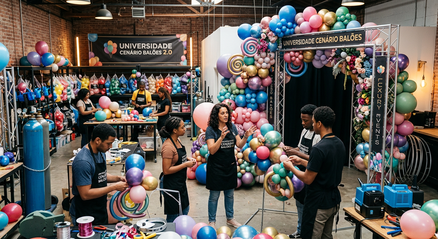 Estudantes praticando montagem de cenários de balões em aula prática da Universidade Cenário Balões 2.0.