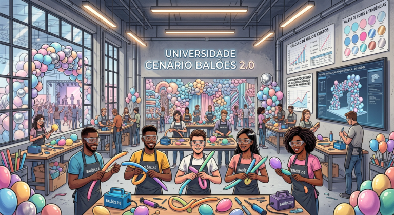 Workshop scene for Universidade Cenário Balões 2.0 with students learning balloon sculpting techniques in a modern studio