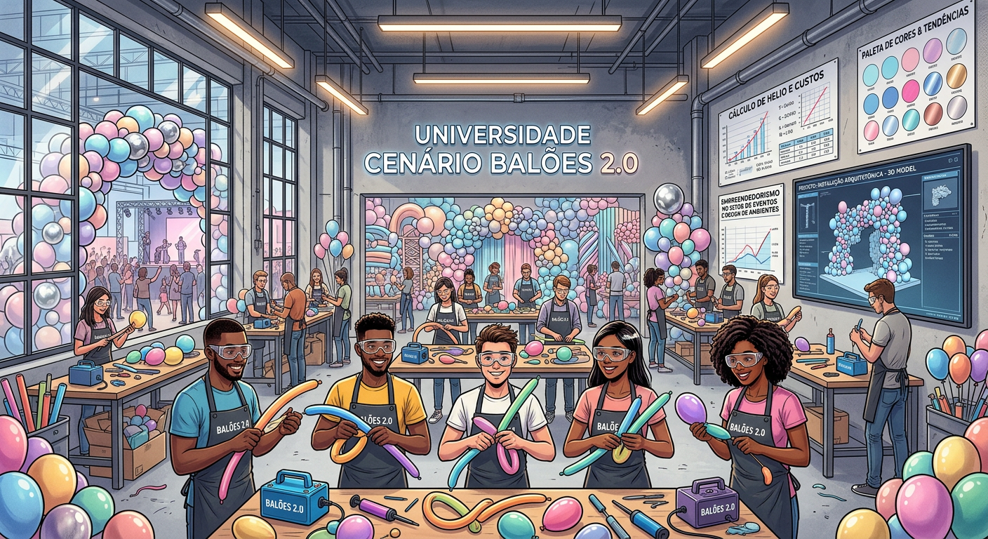 Workshop scene for Universidade Cenário Balões 2.0 with students learning balloon sculpting techniques in a modern studio
